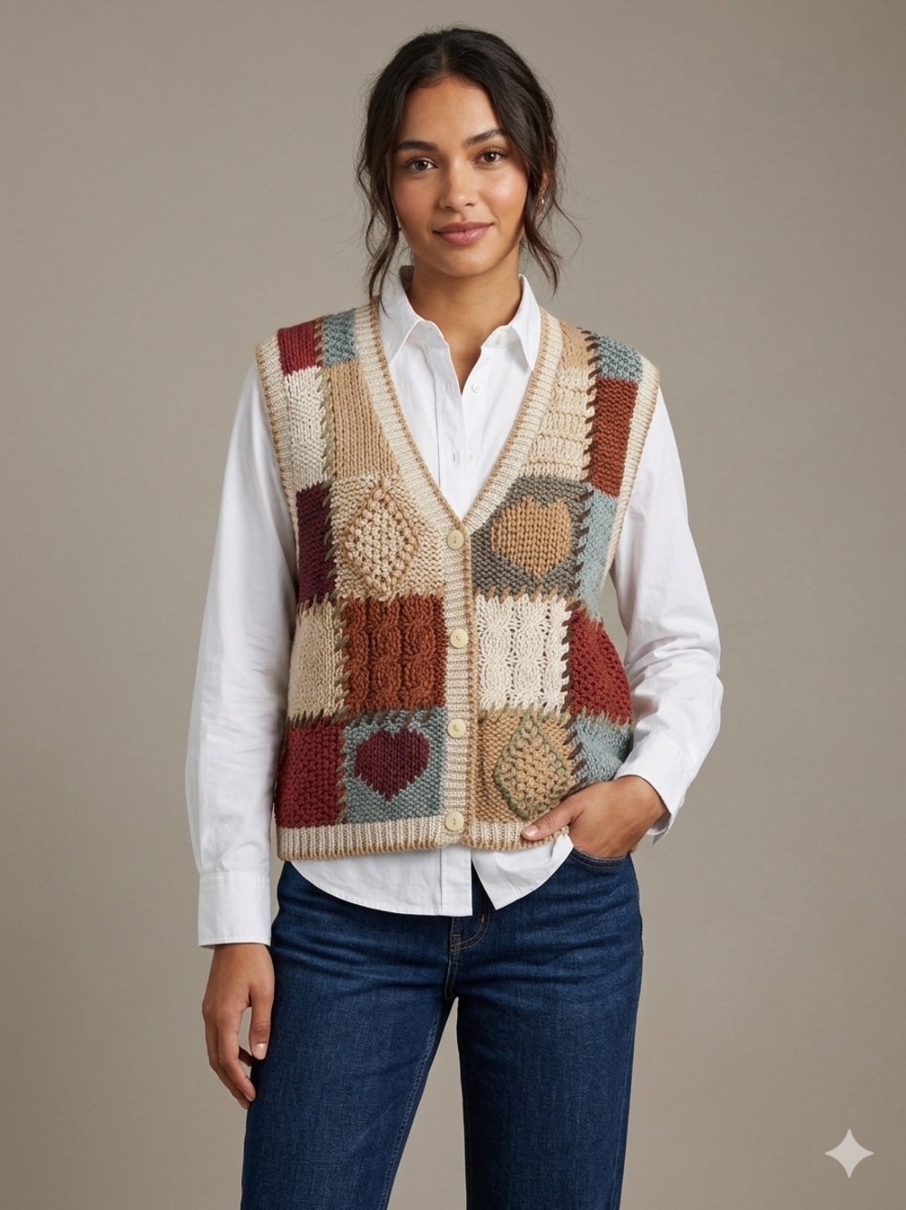 Vintage Huntington Ridge Hand Knit Patchwork Sweater Vest Large Grandmacore Boho